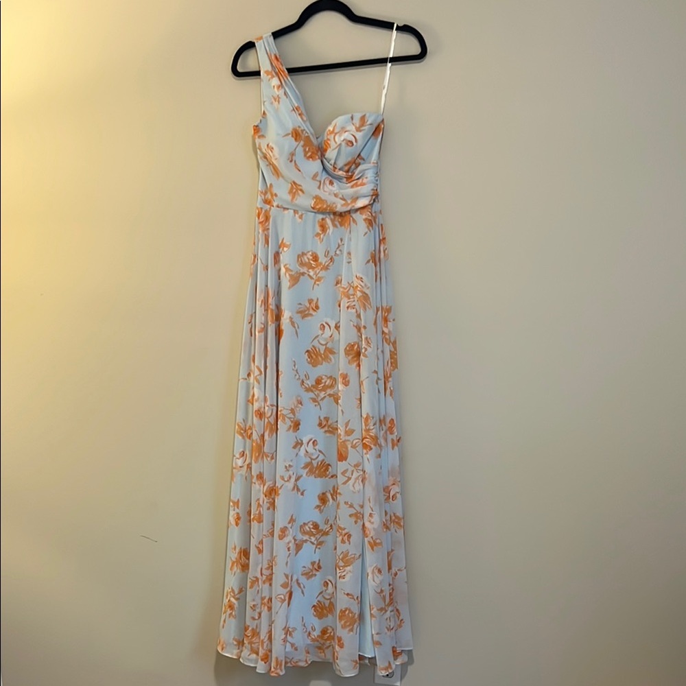 Lulu's One-Shoulder Floral Dress in Orange and Light Blue
